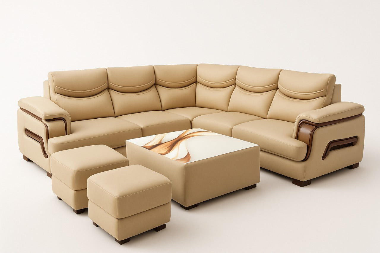 Luxury L Shape Sectional Sofa Set with Center Table & Ottomans | Modern Corner Sofa for Living Room