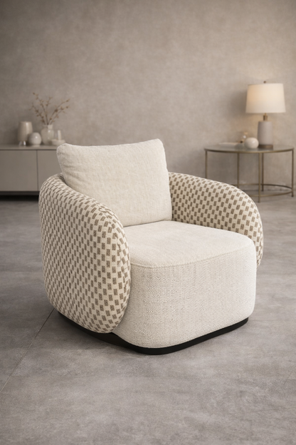 Designer fabric armchair for living room seating with modern curved backrest