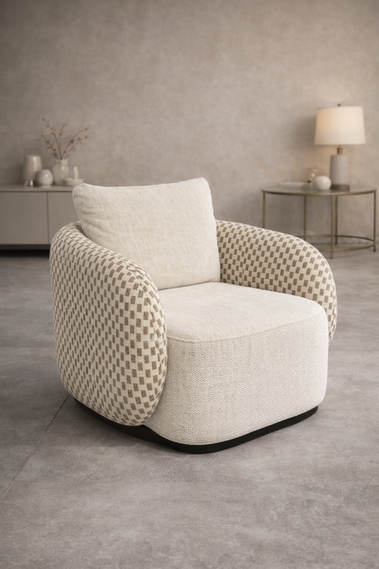 Designer fabric armchair for living room seating with modern curved backrest
