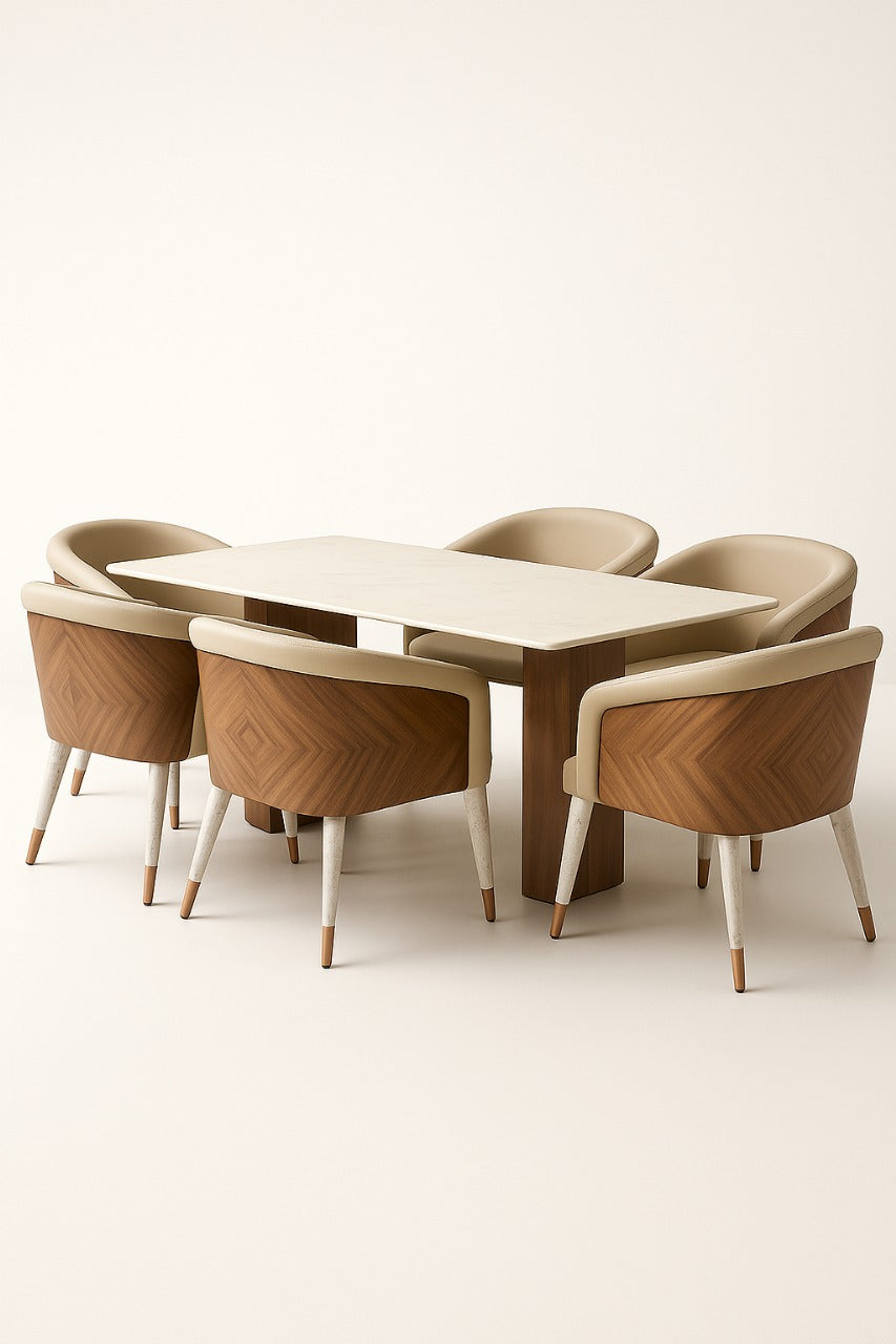 Contemporary 6-seater dining set featuring teakwood table and cushioned chairs with premium upholstery