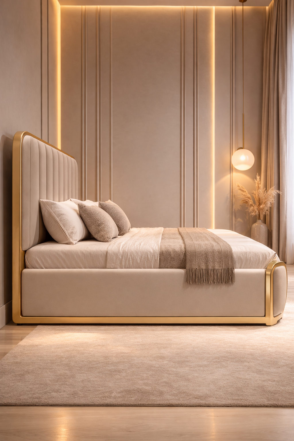 Modern bedroom with a beige bed, pillows, and decorative elements.