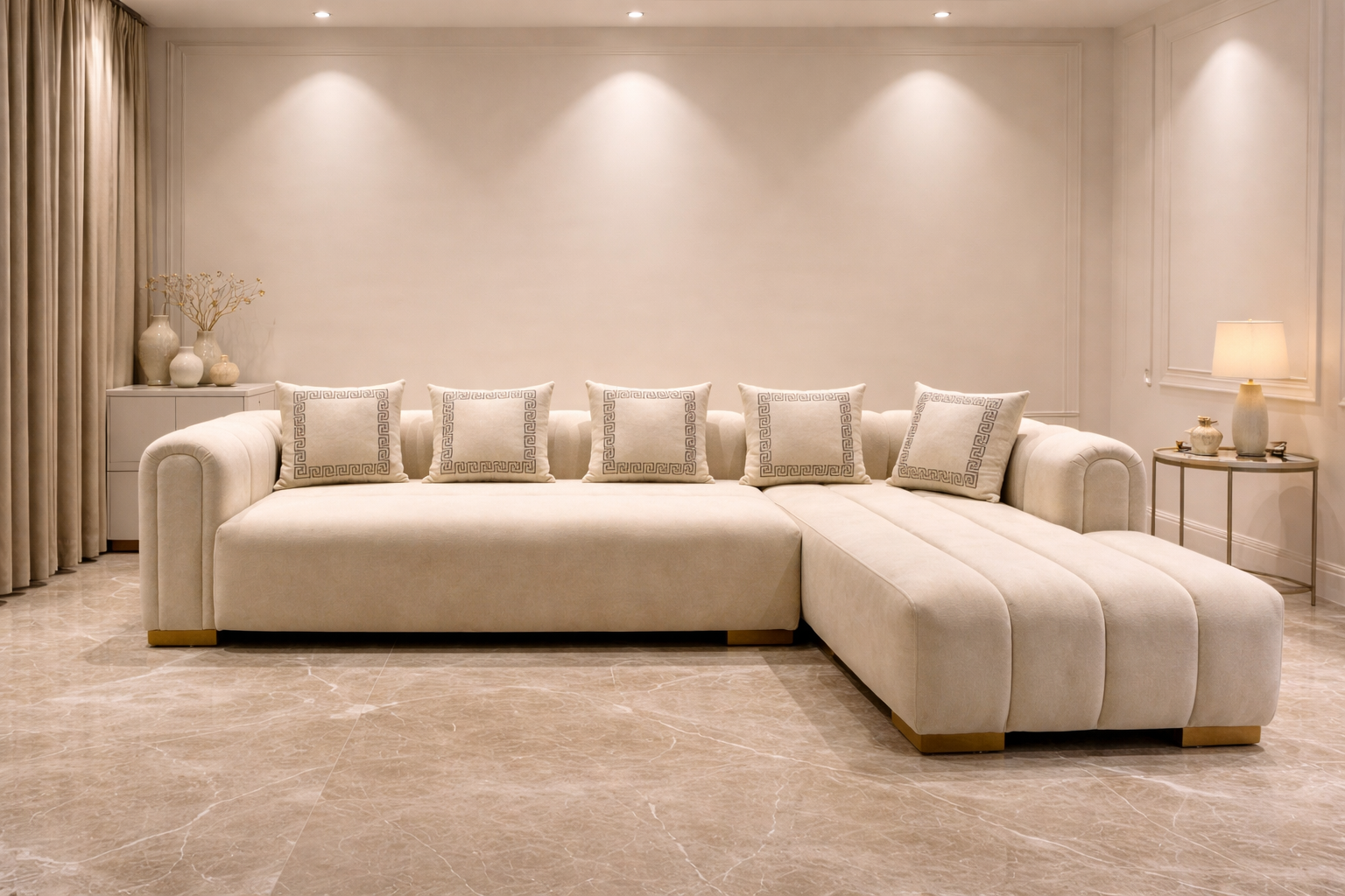 Beige sectional sofa in a room with neutral decor