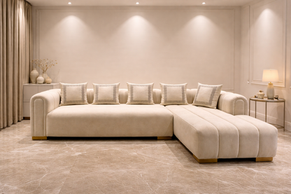 Beige sectional sofa in a room with neutral decor