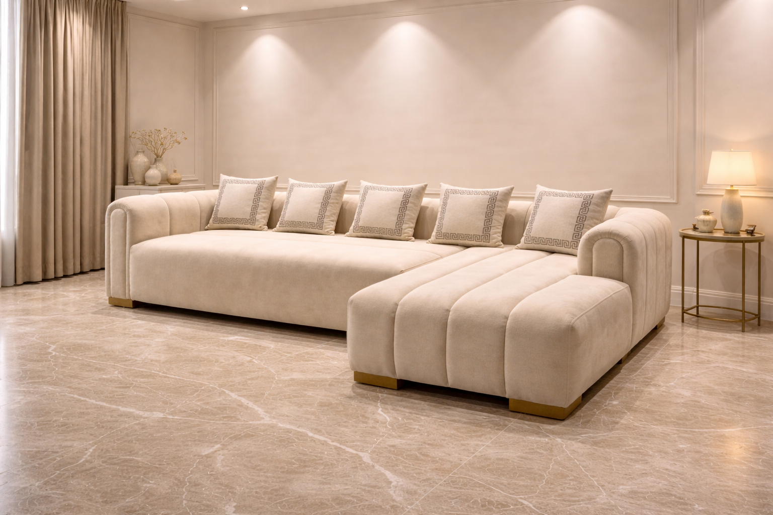 Beige sectional sofa in a living room with neutral decor