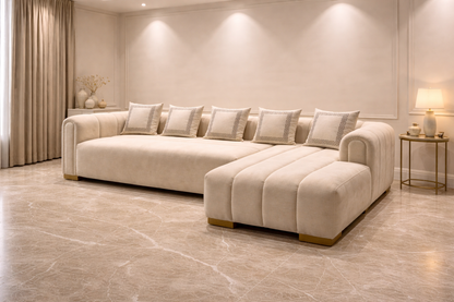 Beige sectional sofa in a living room with neutral decor