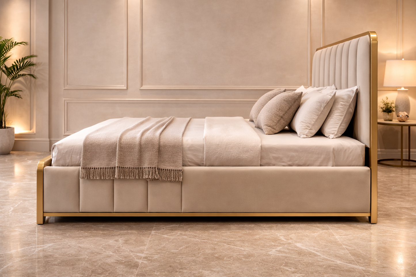 Beige upholstered bed with gold frame in a stylish room setting.