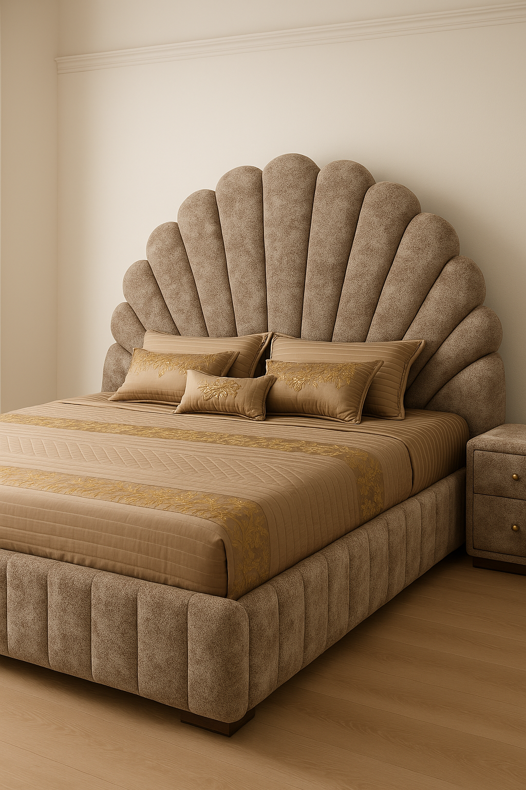 Flower-inspired king size upholstered bed with bouclé fabric and wooden frame by Urban Decor Destination