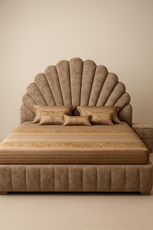 Flower-inspired king size upholstered bed with bouclé fabric and wooden frame by Urban Decor Destination