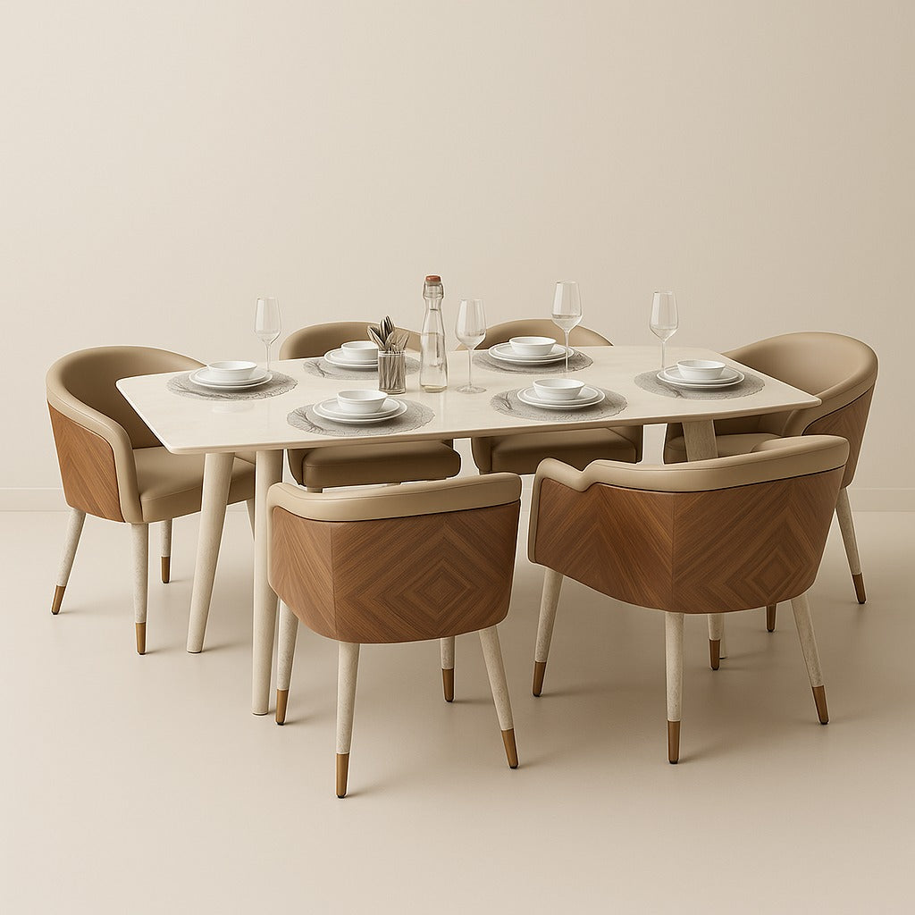 Luxury 6-seater dining table set with teakwood frame, flexi veneer finish, and upholstered chairs by Urban Decor Destination