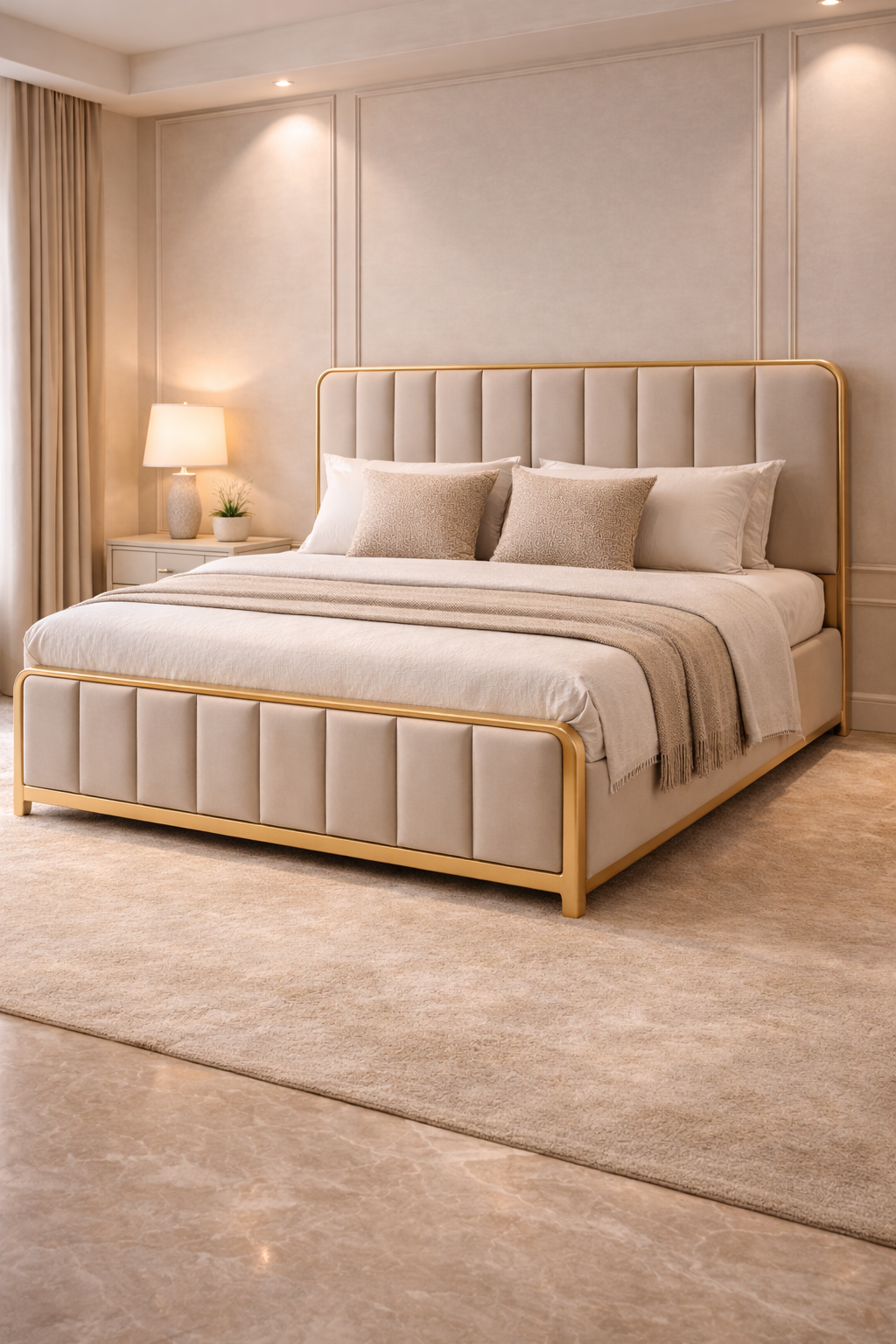 Beige upholstered bed with gold frame in a bedroom setting
