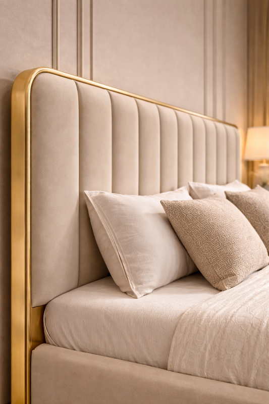 Beige upholstered bed with gold frame and pillows against a neutral wall.