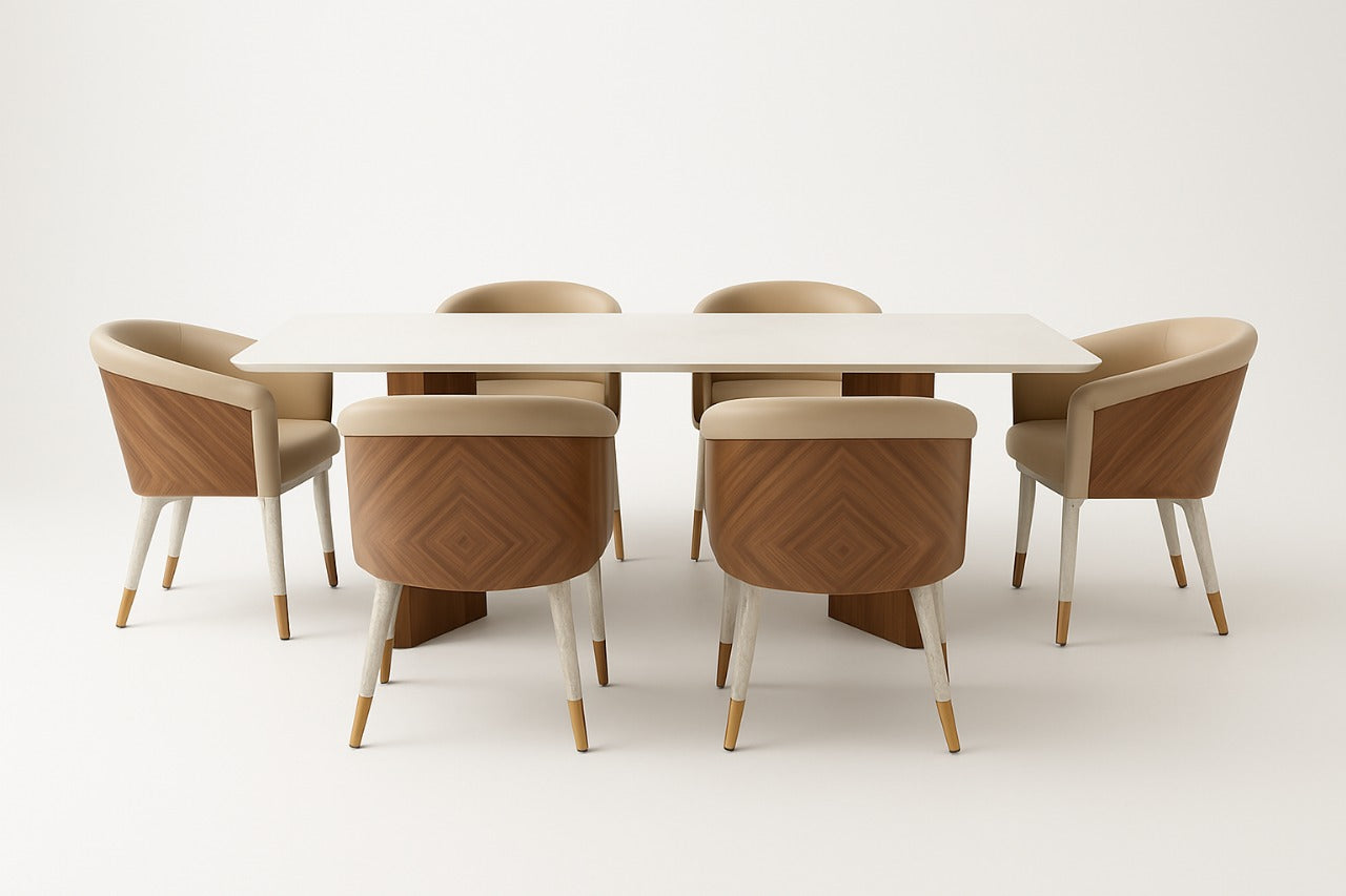 Modern flexi veneer dining table 72x36 inches with ergonomic upholstered chairs and teakwood construction