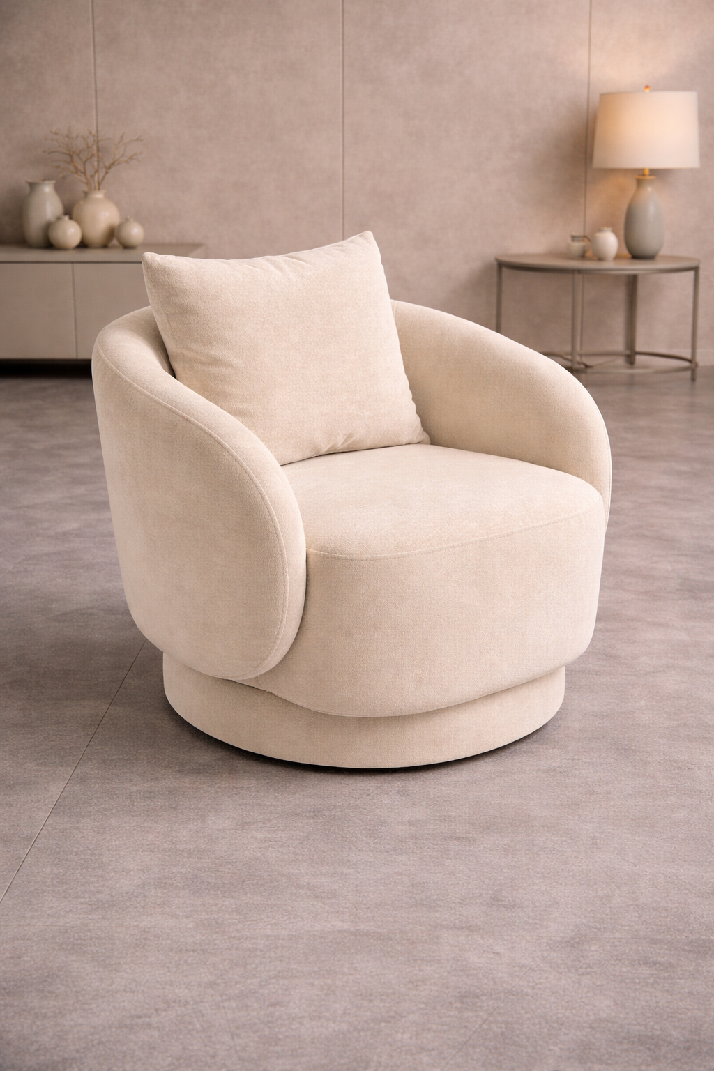 Beige armchair with a pillow in a room setting