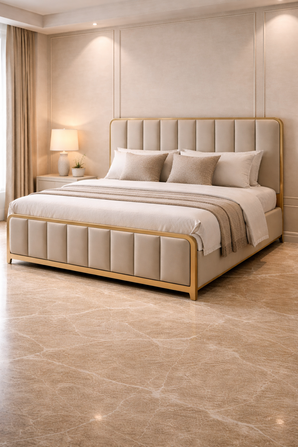 Beige upholstered bed in a bedroom setting with matching headboard and side tables.