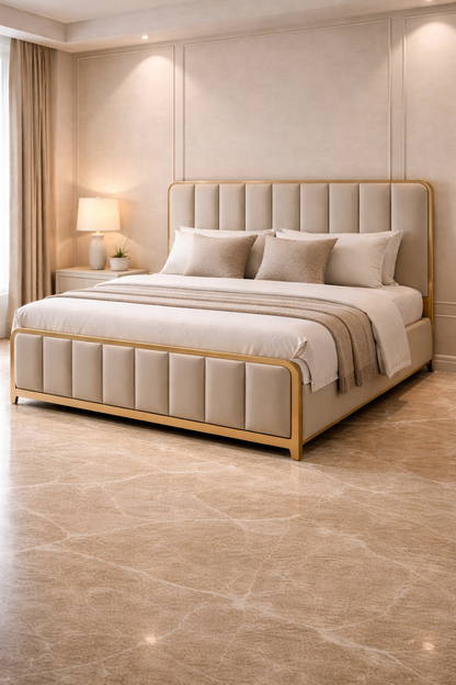 Beige upholstered bed in a bedroom setting with matching headboard and side tables.