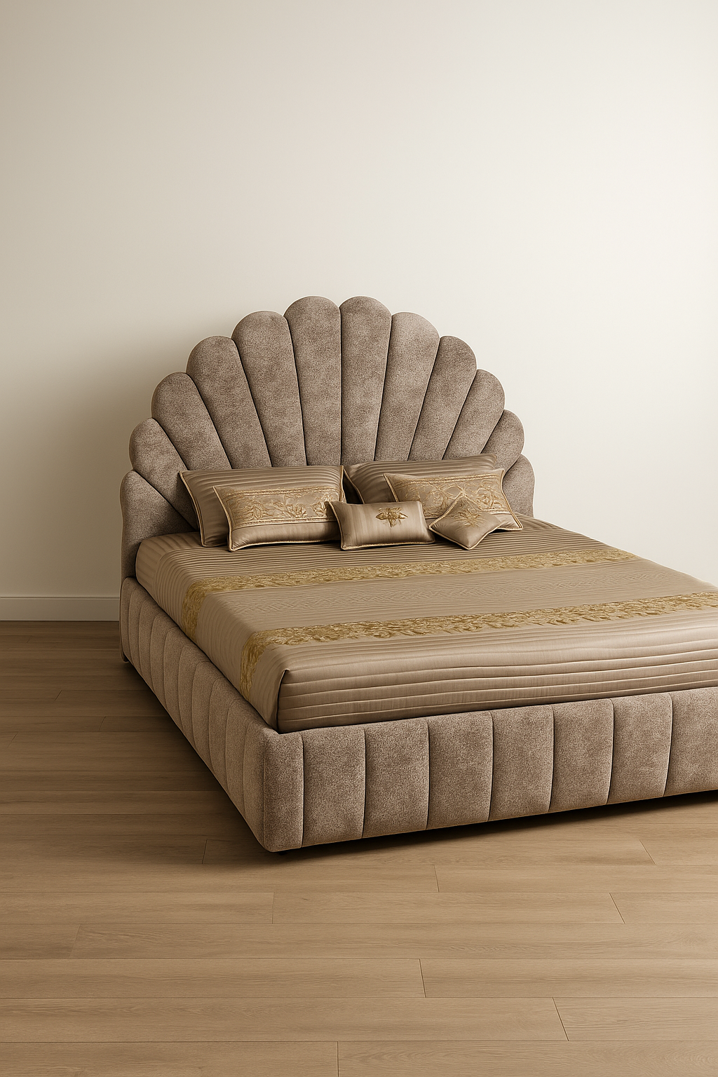 Flower-inspired king size upholstered bed with bouclé fabric and wooden frame by Urban Decor Destination