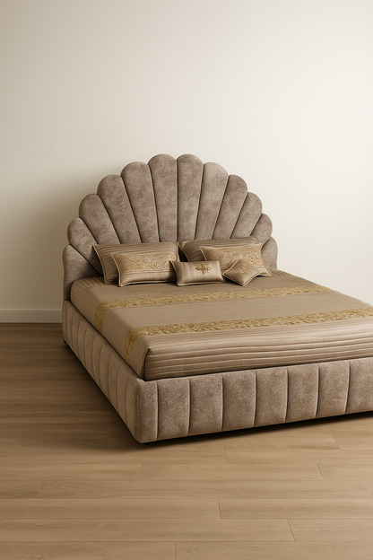 Flower-inspired king size upholstered bed with bouclé fabric and wooden frame by Urban Decor Destination